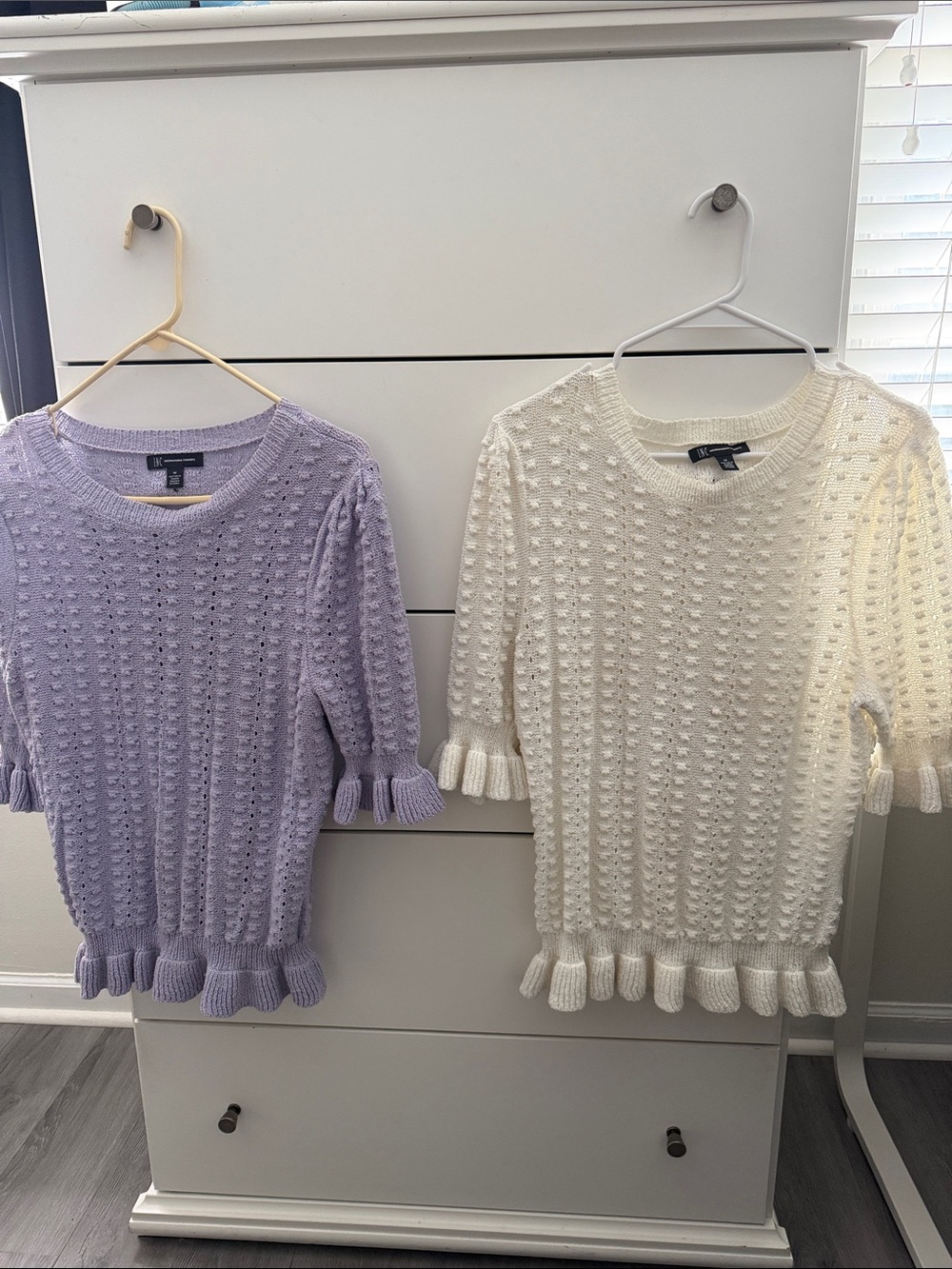 INC International Concepts Lavender & Cream Ruffle-Hem Pom-Pom Knit Sweaters